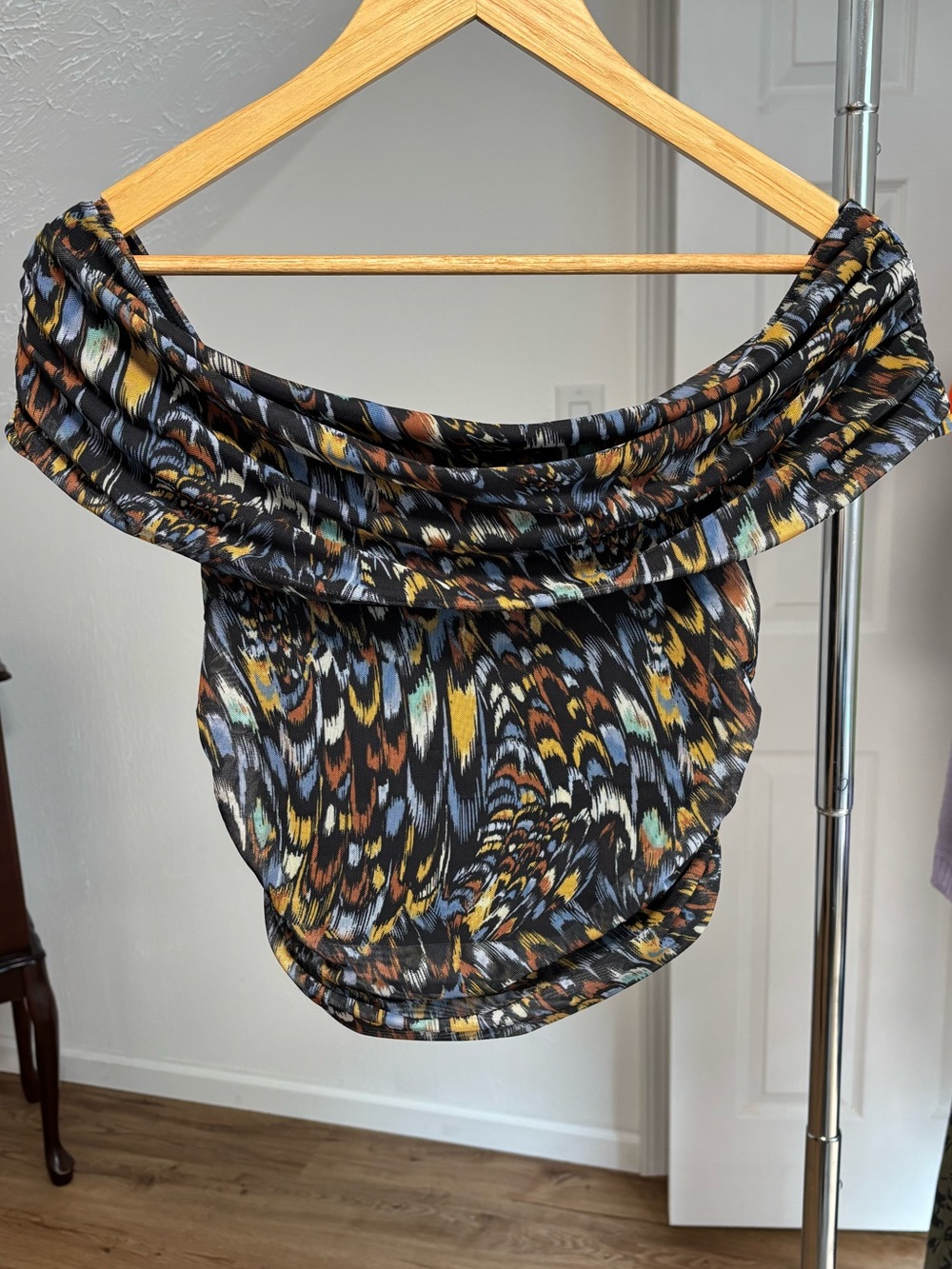 NWT Express Fitted off the shoulder mesh top with ruching, size medium